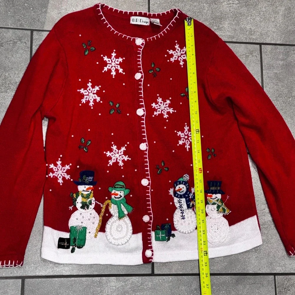 Vintage‎ B.P. Design Womens Red Snowman Snowflake Christmas Cardigan Sweater  L - Picture 9 of 12
